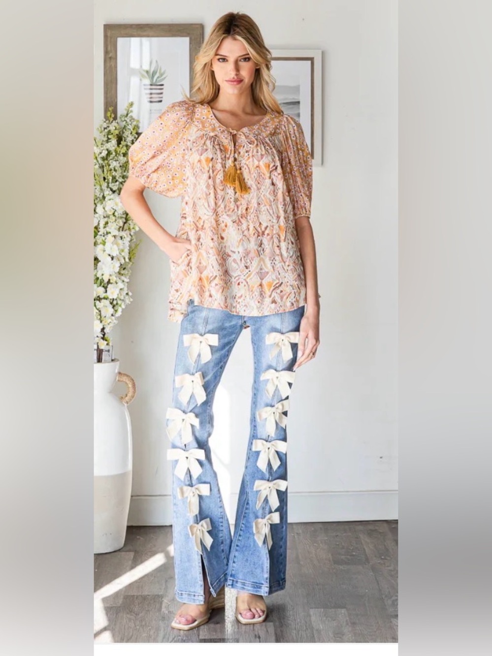 Oli & Hali Light Blue Denim Flare Jeans with Cream Bow Accents